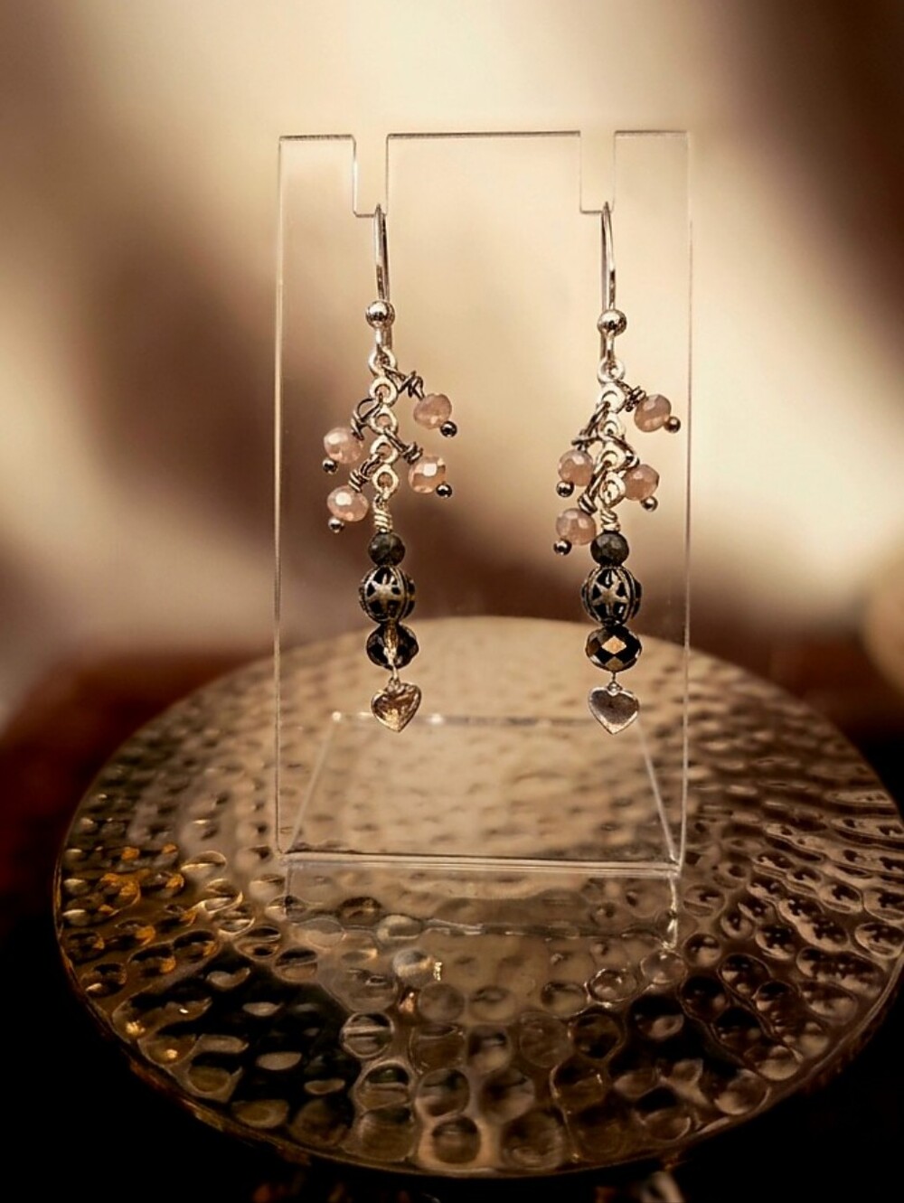 Silver Pink and Gray Beaded Heart Drop Earrings